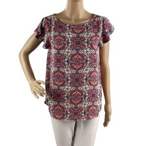 LOFT XS Multicolor Medallion Print Flutter Sleeve Blouse
